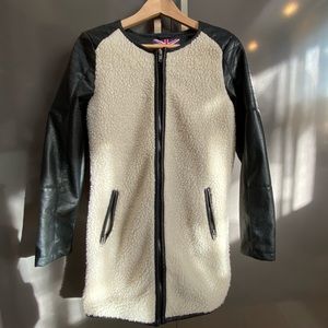 Long fleece faux fur coat with black faux leather